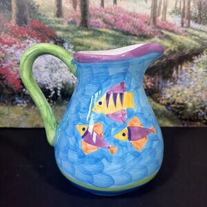 OGGI Yellow Purple Fish Water Pitcher Blue Ceramic Green Handle Purple Dots 7.5"